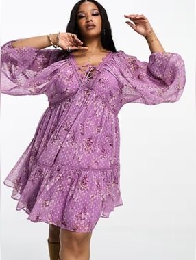 ASOS Curve Lilac Floral Textured Plunge Batwing 20W Mini Dress 3435-AC